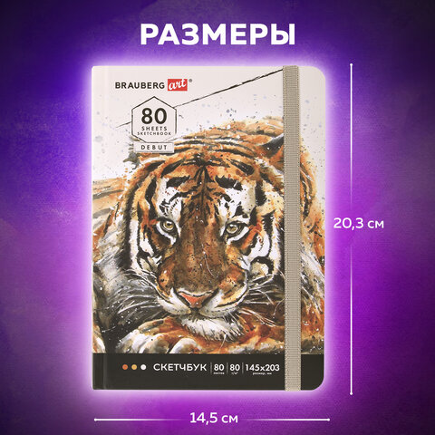 Скетчбук, белая бумага 80 г/м2, 145х203 мм, 80 л., резинка, твердый, BRAUBERG ART DEBUT "Тигр", 114580 - фото 10