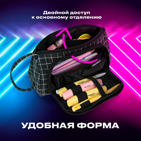Пенал-косметичка BRAUBERG с ручкой, 1 откидная планка, полиэстер, 22x10х8 см, "Checkered black", 271559 - фото 13