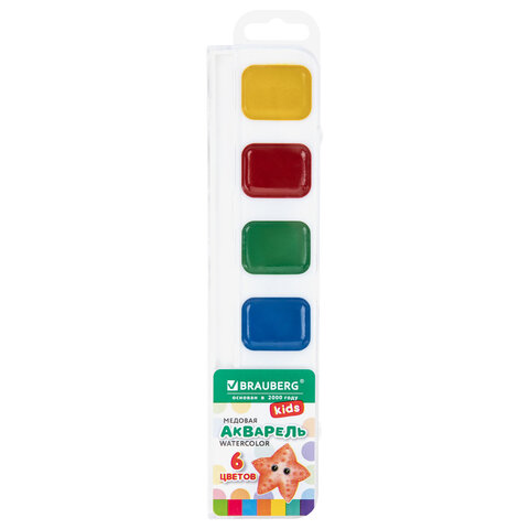 Краски акварельные BRAUBERG KIDS NEW, медовые, 6 цветов, квадратные кюветы, пластиковый пенал с европодвесом, 192794 - фото 1