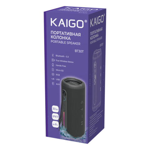 Колонка портативная влагозащищенная KAIGO (КАЙГО) BT30T, 30 Вт, Bluetooth, USB, Micro SD, AUX, RGB, TWS, IPX7, черная, 514226 - фото 1