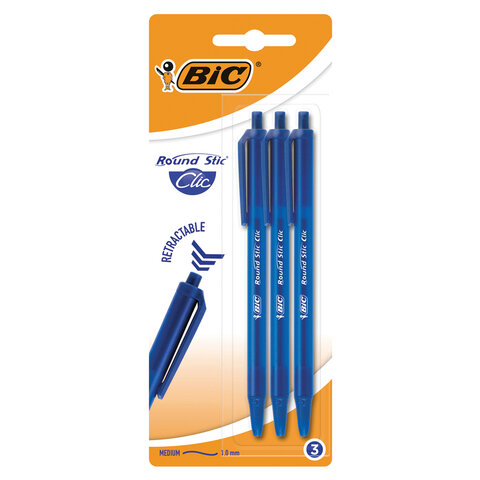 Ручки шариковые автоматические BIC "Round Stic Clic", НАБОР 3 шт., СИНИЕ, линия письма 0,32 мм, блистер, 926374 - фото 1