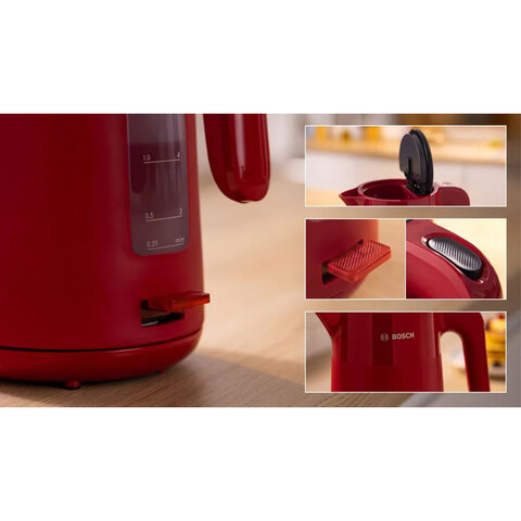 Чайник BOSCH TWK 2M164, 1,7 л, 2400 Вт, закрытый нагревательный элемент, пластик, красный - фото 2