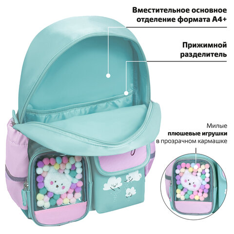 Рюкзак BRAUBERG PASTEL с термонашивками в комплекте, "Funny clouds", мятный, 40х29х14 см, 271421 - фото 18