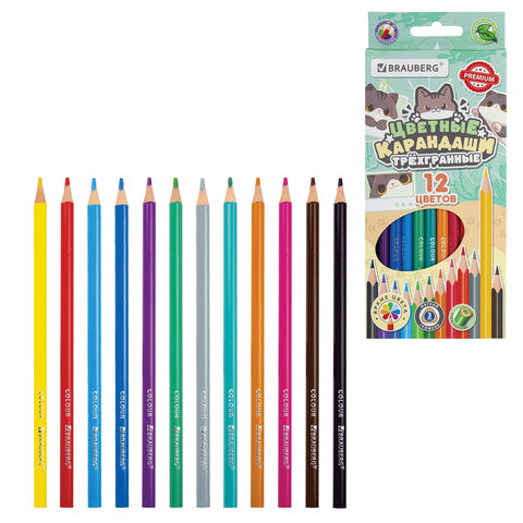 Карандаши цветные кросс-серия "МИЛЫЕ КОТЫ", 12 цветов, трехгранные, BRAUBERG, 182109 - фото 1