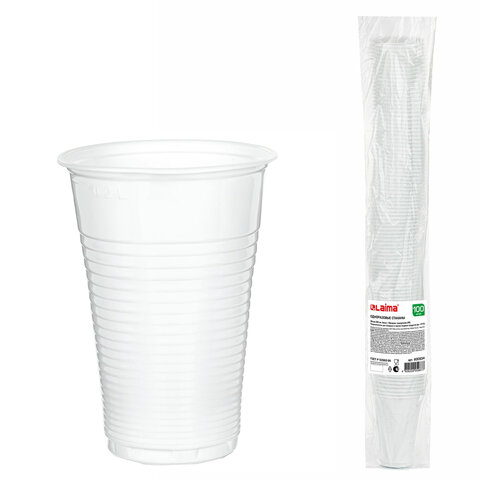 Стакан одноразовый, пластиковый 200 мл, КОМПЛЕКТ 100 шт., БЮДЖЕТ, белые, ПП, холодное/горячее, LAIMA, 600934 - фото 1