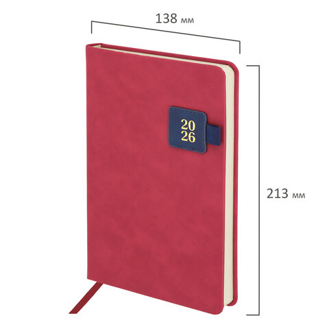 Ежедневник датированный 2026 А5 138х213 мм, BRAUBERG "Accent", под кожу, держатель, красный/синий, 117384 - фото 2