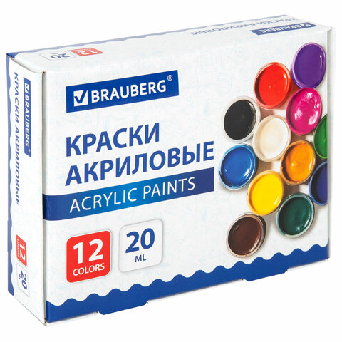 Краски акриловые для рисования и творчества 12 цветов по 20 мл, BRAUBERG, 192564 - фото 1