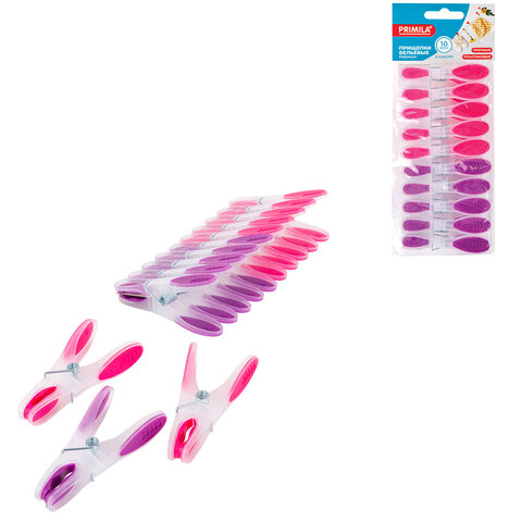 Прищепки бельевые 8,2 см, КОМПЛЕКТ 10 штук, прорезиненный пластик, ассорти, PRIMILA (ПРИМИЛА) PREMIUM, 700523 - фото 1