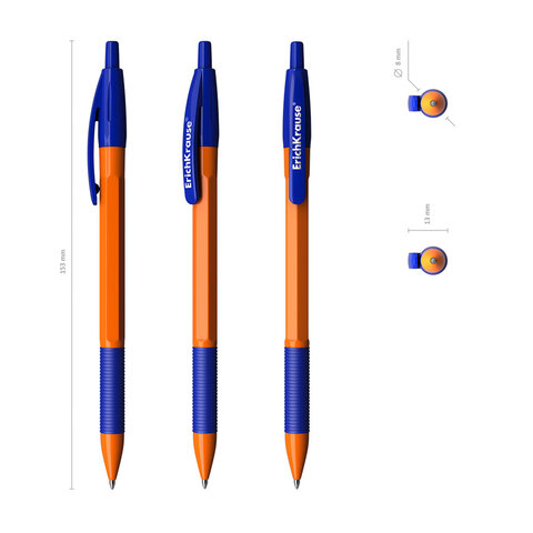 Ручка шариковая автоматическая с грипом ERICH KRAUSE "R-301 Orange", СИНЯЯ, узел 1,0 мм, линия письма 0,35 мм, 46762 - фото 2