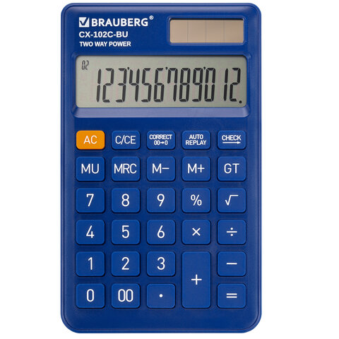 Калькулятор карманный BRAUBERG CX-102C-BU (76x126 мм), 12 разрядов, двойное питание, СИНИЙ, 272648 - фото 1