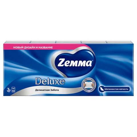 Платочки бумажные носовые ZEMMA/ZEWA Deluxe 3-слойные, СПАЙКА 10 пачек по 10 шт., 21х21 см, 511741 - фото 1