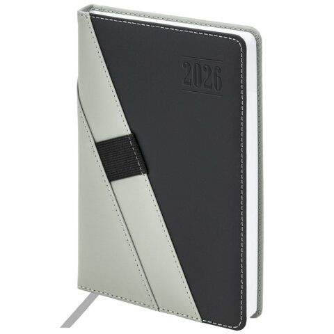 Ежедневник датированный 2026, А5, 138х213 мм, BRAUBERG "Swirl", под кожу, держатель для ручки, серый, 117482 - фото 1
