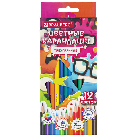 Карандаши цветные кросс-серия МОНСТРИКИ, 12 цветов, трехгранные, BRAUBERG, 182112 - фото 2