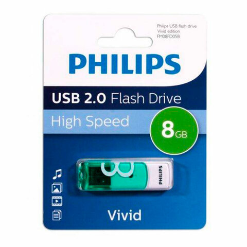 Флеш-диск 8GB PHILIPS VIVID, разъем USB 2.0, зеленый, FM08FD05B/97 - фото 1