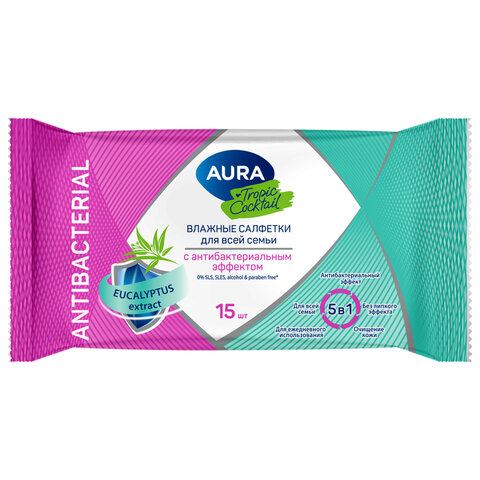Салфетки влажные 15 шт., AURA Tropic Cocktail, c антибактериальным эффектом, 10388 - фото 1
