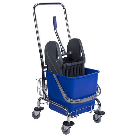Тележка уборочная BRABIX, 1 съемное ведро 25 л, механический отжим, корзина, металлический каркас, синяя, 601498 - фото 4