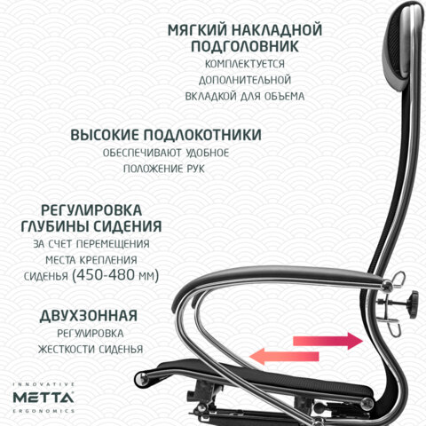 Кресло офисное МЕТТА "К-12", хром, ткань-сетка, сиденье и спинка регулируемые, черное - фото 14