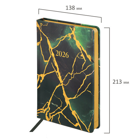 Ежедневник датированный 2026 А5 138x213 мм, BRAUBERG "Vista", под кожу, твердый, "Green marble", 117456 - фото 2