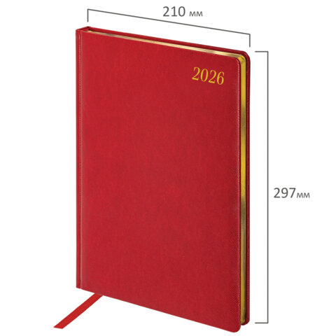 Ежедневник датированный 2026 БОЛЬШОЙ ФОРМАТ 210х297 мм, А4, BRAUBERG "Iguana", под кожу, красный, 117246 - фото 2