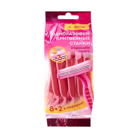 Бритвенные станки одноразовые, 3 лезвия, увлажняющая полоска, фиксированная головка, 10 шт., розовый, X-ONE (ИКС-УАН), 700031 - фото 1