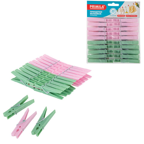 Прищепки бельевые 7,4 см, КОМПЛЕКТ 20 штук, пластик, ассорти, PRIMILA (ПРИМИЛА) STANDARD, 700517 - фото 1