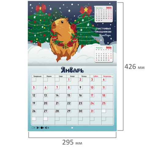 Календарь-планер настенный перекидной на 2026 г., BRAUBERG, 12 листов, 29,5х21,3 см, "Капибара", 116953 - фото 3