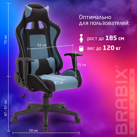 Кресло компьютерное BRABIX "GT Racer GM-100", две подушки, ткань, черное/голубое, 531818 - фото 16