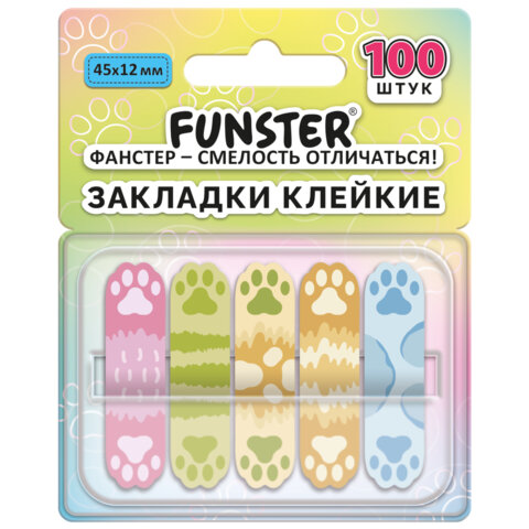 Закладки клейкие Z-сложения FUNSTER (ФАНСТЕР) "Лапки собак", 45х12 мм, 100 шт. (5 цветов х 20 листов), в диспенсере, 116693 - фото 1
