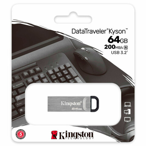 Флеш-диск 64 GB KINGSTON DataTraveler Kyson, разъем USB 3.2, серебряный, DTKN/64GB - фото 1