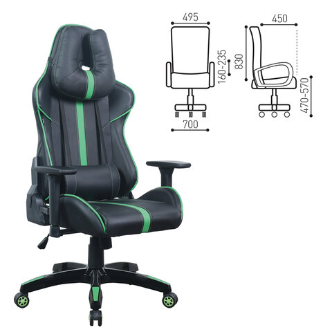 Кресло компьютерное BRABIX "GT Carbon GM-120", две подушки, экокожа, черное/зеленое, 531929 - фото 2
