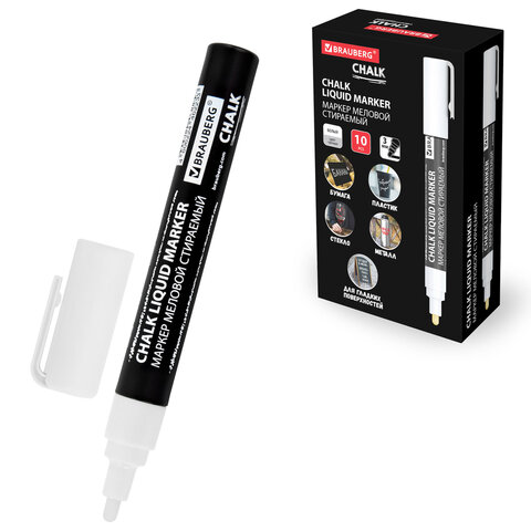 Маркер меловой CHALK LIQUID MARKER, БЕЛЫЙ, 3 мм, стираемый, BRAUBERG "CHALK", 152585 - фото 1