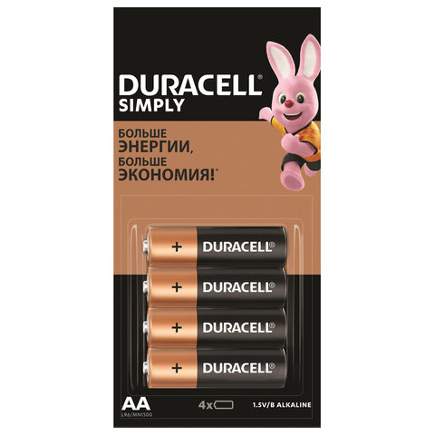 Батарейки КОМПЛЕКТ 4 шт. (отрывной блок) DURACELL Simply ОРИГИНАЛ, AA (LR6, 15А), алкалиновые, пальчиковые, Б0046868 - фото 1