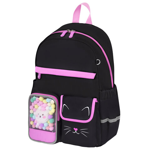 Рюкзак BRAUBERG PASTEL с термонашивками в комплекте, "Black kitty", черный, 40х29х14 см, 273128 - фото 1