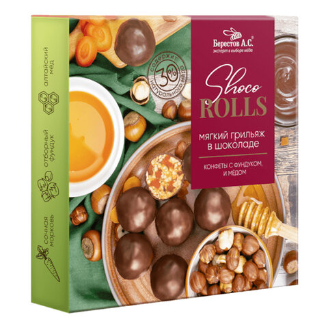 Конфеты-грильяж в шоколаде "Shoco Rolls" с фундуком, цукатами моркови и медом, 135 г, БЕРЕСТОВ А.С., УТ-00031672 - фото 1