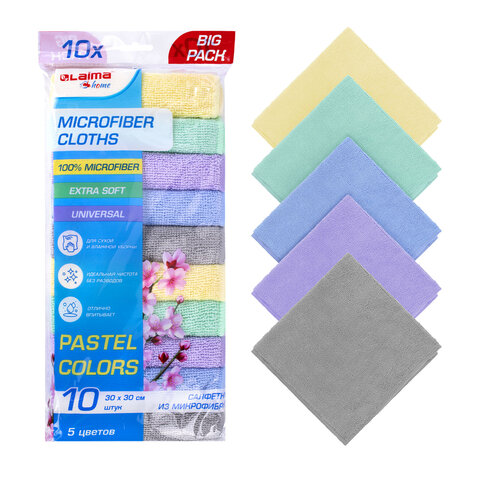 Салфетки из МИКРОФИБРЫ 30х30 см PASTEL COLOUR, big pack, КОМПЛЕКТ 10 штук, 180 г/м2, LAIMA HOME, 700608 - фото 1
