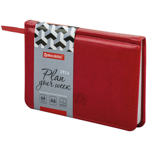 Еженедельник датированный 2026, МАЛЫЙ ФОРМАТ 95х155 мм, А6, BRAUBERG "Rainbow", под кожу, красный, 117190 - фото 1
