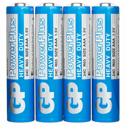 Батарейки КОМПЛЕКТ 4 шт., GP PowerPlus AAA (R03, 24G), солевые, мизинчиковые, в пленке, 24CEBRA-2S4 - фото 1