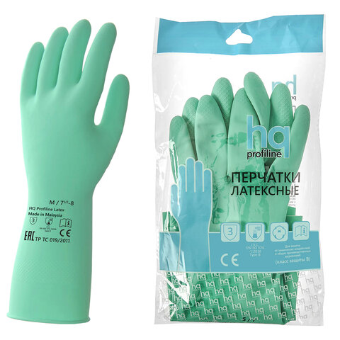 Перчатки латексные КЩС, сверхпрочные, плотные, хлопковое напыление, размер 7,5-8, M (средний), зеленые, HQ Profiline, 73583 - фото 1