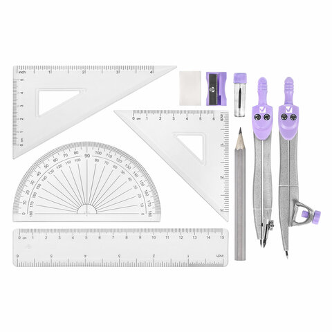 Готовальня BRAUBERG SCHOOL KIT, 11 предметов, циркуль 115 мм, циркуль 125 мм, чертежные принадлежности, лавандовый цвет, 210714 - фото 3