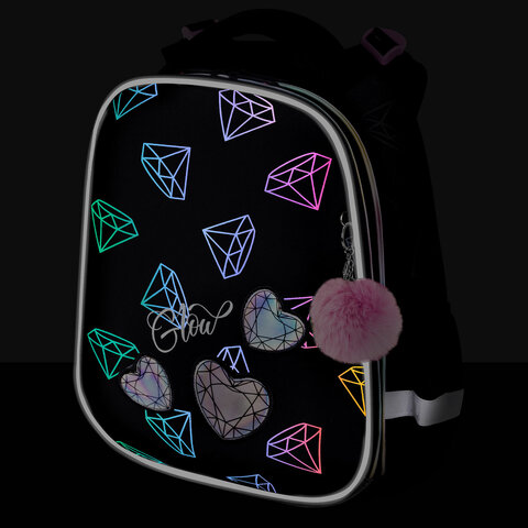 Ранец BRAUBERG LUMINOUS, 2 отделения, с брелоком, "Diamonds", СВЕТЯЩИЙСЯ РИСУНОК, 38х29х16 см, 272070 - фото 7