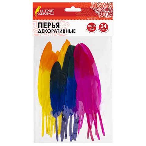 Перья декоративные прямые, 10-15 см, 24 шт., 6 цветов, двухцветные, ассорти, ОСТРОВ СОКРОВИЩ, 661381 - фото 1