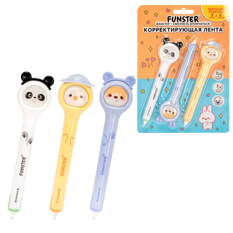 Корректирующая лента FUNSTER (ФАНСТЕР) "Милые зверята", 5 мм x 6 м, КОМПЛЕКТ из 3 шт., на блистере, 273984 - фото 1