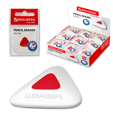 Ластик BRAUBERG "Trios PRO", 36х36х9 мм, белый, треугольный, красный пластиковый держатель, 229559 - фото 1