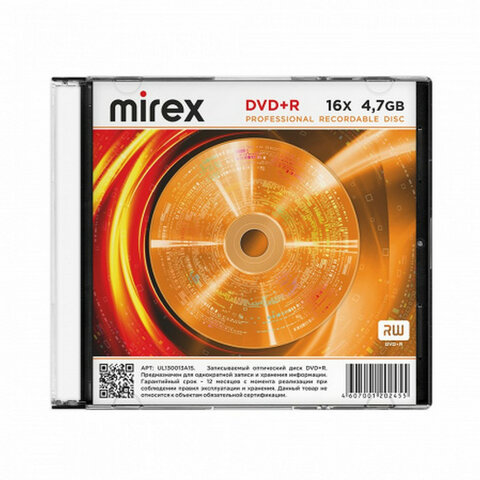 Диск DVD+R (плюс) MIREX, 4,7 ГБ, 16x, Slim Case, 1 штука, UL130013A1S - фото 1