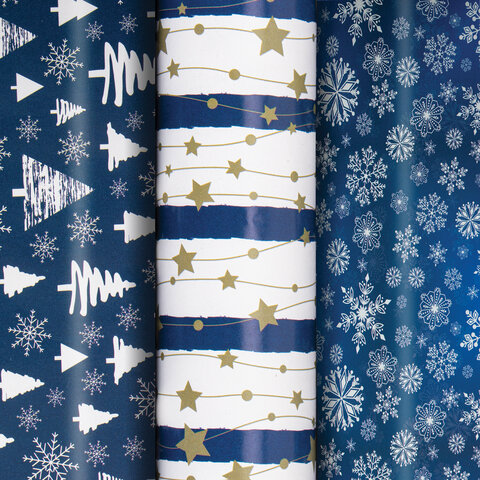 Бумага упаковочная новогодняя НАБОР 3 шт., "Blue Collection", 70х100 см, 3 дизайна, ЗОЛОТАЯ СКАЗКА, 592058 - фото 1