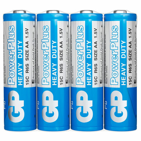 Батарейки КОМПЛЕКТ 4 шт., GP PowerPlus AA (R6, 15G), солевые, пальчиковые, в пленке, 15CEBRA-2S4 - фото 1
