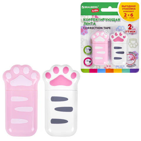 Корректирующая лента BRAUBERG KIDS "ЛАПКИ", 5 мм х 6 м, ВЫГОДНАЯ УПАКОВКА 2 штуки в блистере, 272498 - фото 1
