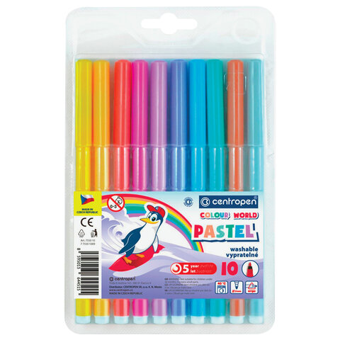 Фломастеры ПАСТЕЛЬНЫЕ 10 ЦВЕТОВ CENTROPEN "Colour World Pastel", смываемые, 7550/10TP, 7 7550 1087 - фото 1