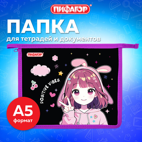 Папка для тетрадей ПИФАГОР А5, 1 отделение, пластик, на молнии, "Anime sign", 273328 - фото 6