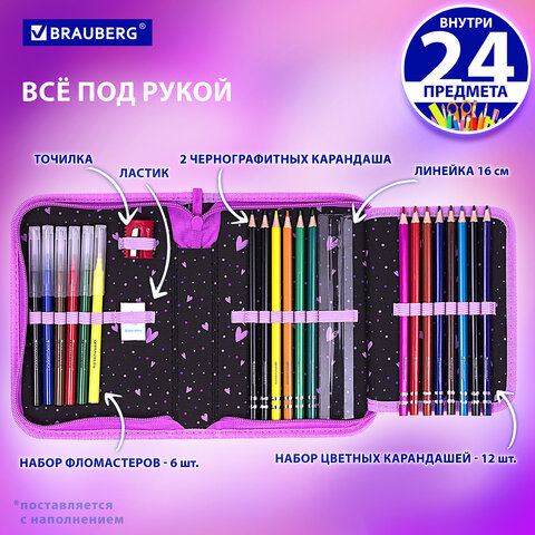 Пенал BRAUBERG с наполнением, 1 отделение, 1 откидная планка, 24 предмета, 21х14 см, "Flower butterfly", 271524 - фото 10